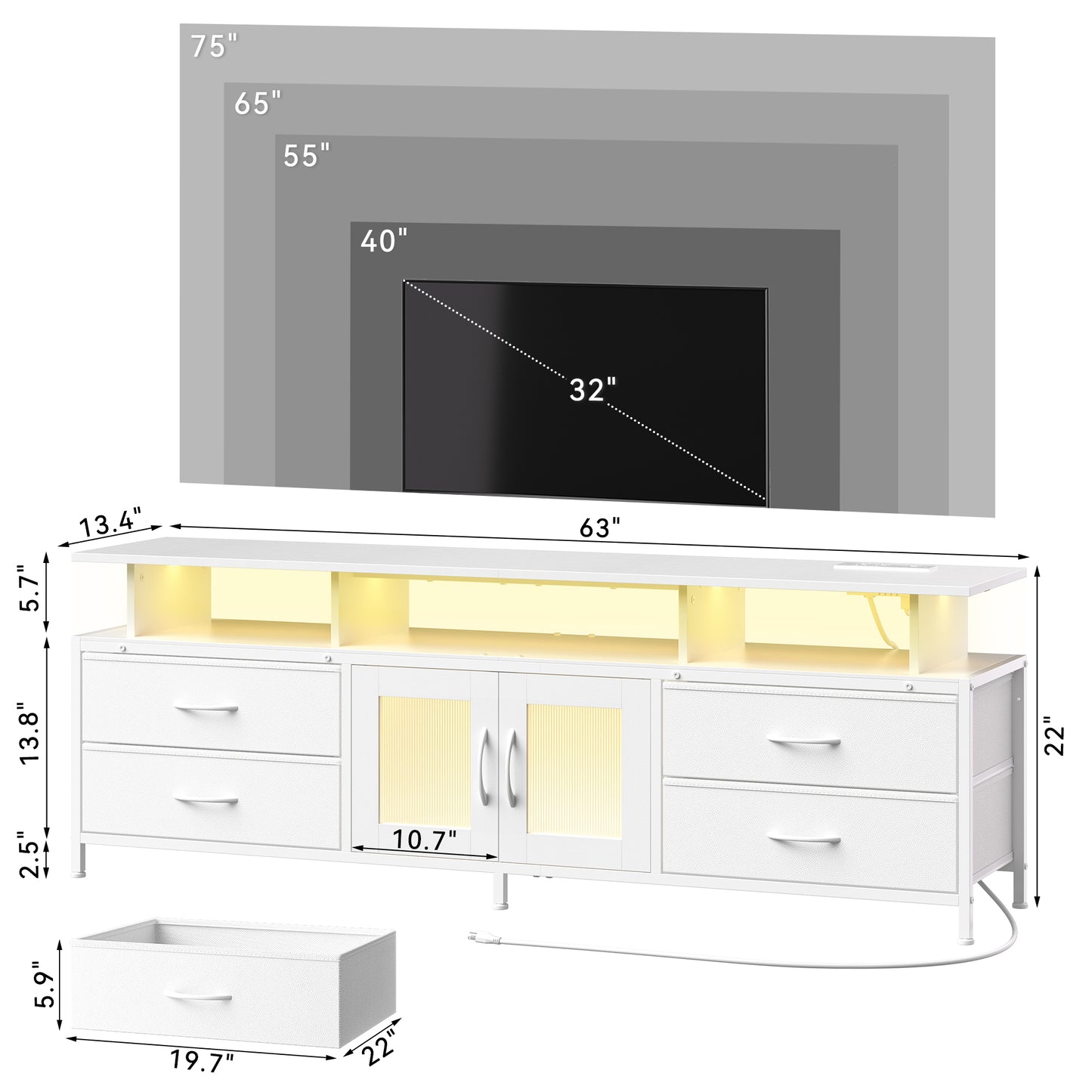 GUNAITO TV Stand for TV up to 75", Big TV Stand for Living Room Entertainment Center with LED Lights and Storage , White