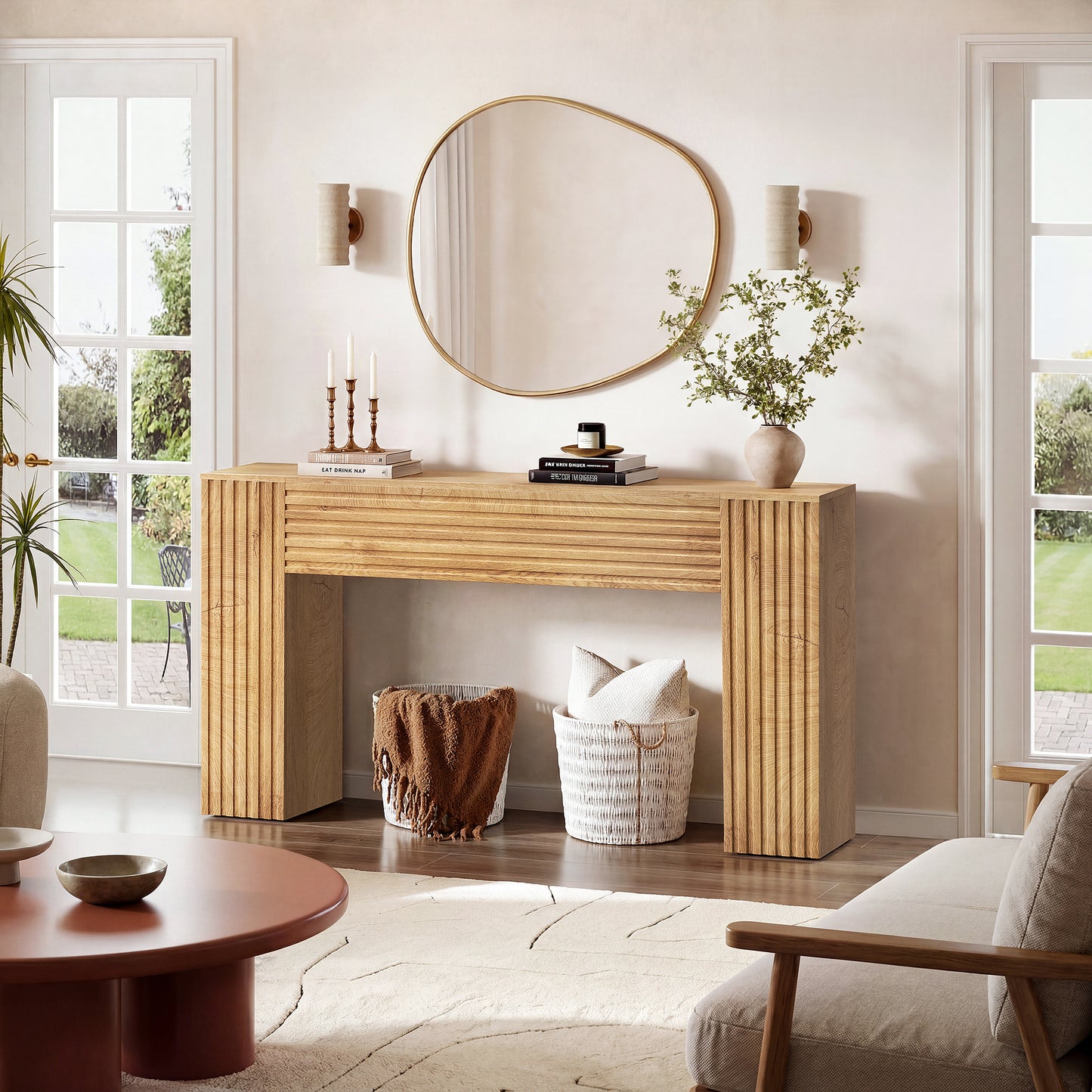 GUNAITO Farmhouse Console Table, 61" Fluted Long Sofa Table Behind Couch with Storage for Entryway, Natural
