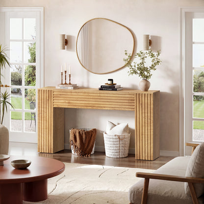 GUNAITO Farmhouse Console Table, 61" Fluted Long Sofa Table Behind Couch with Storage for Entryway, Natural
