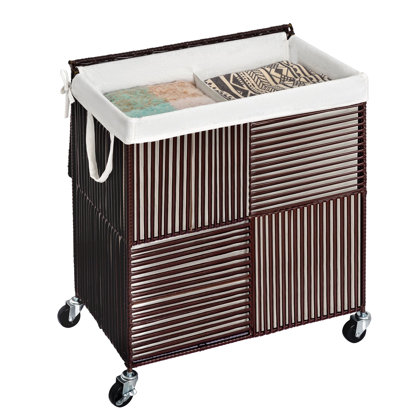 GUNAITO 115L Laundry Hamper with Lid and Wheels Handwoven Rattan Laundry Basket Rolling Clothes Hamper with Divided Liner Bag (Mocha Brown)