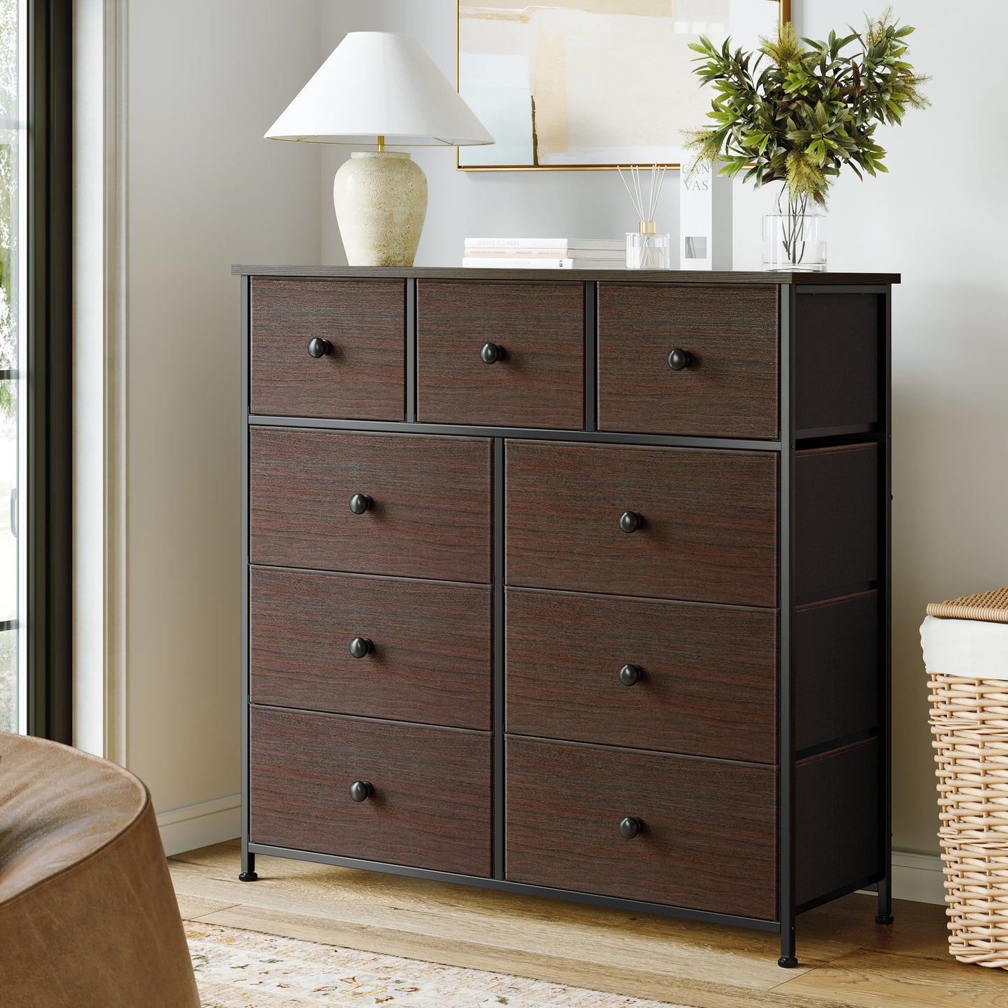 GUNAITO 9 Drawers Dresser, Chest of Drawers Fabric Dressers with Leather Finish for Adult Dressers for Bedroom Brown