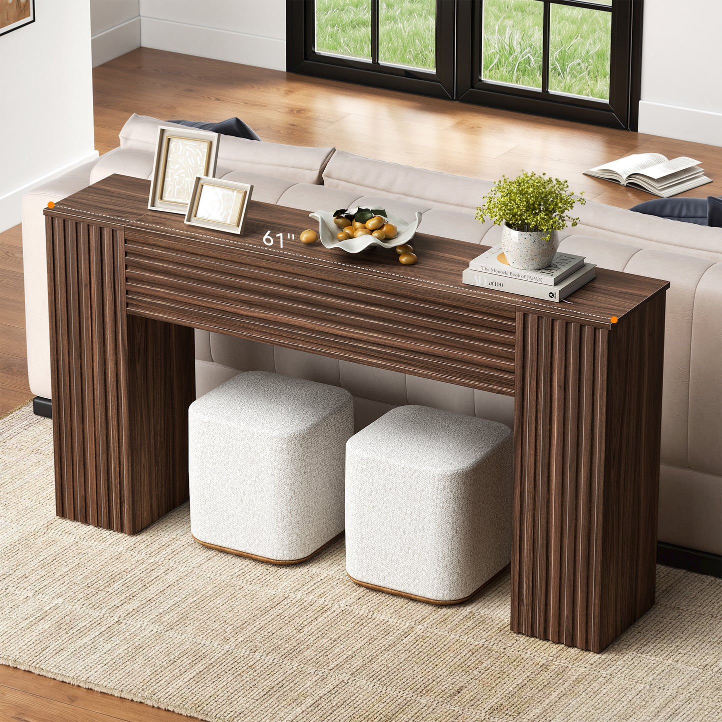 GUNAITO Farmhouse Console Table, 61" Fluted Long Sofa Table Behind Couch with Storage for Entryway, Walnut