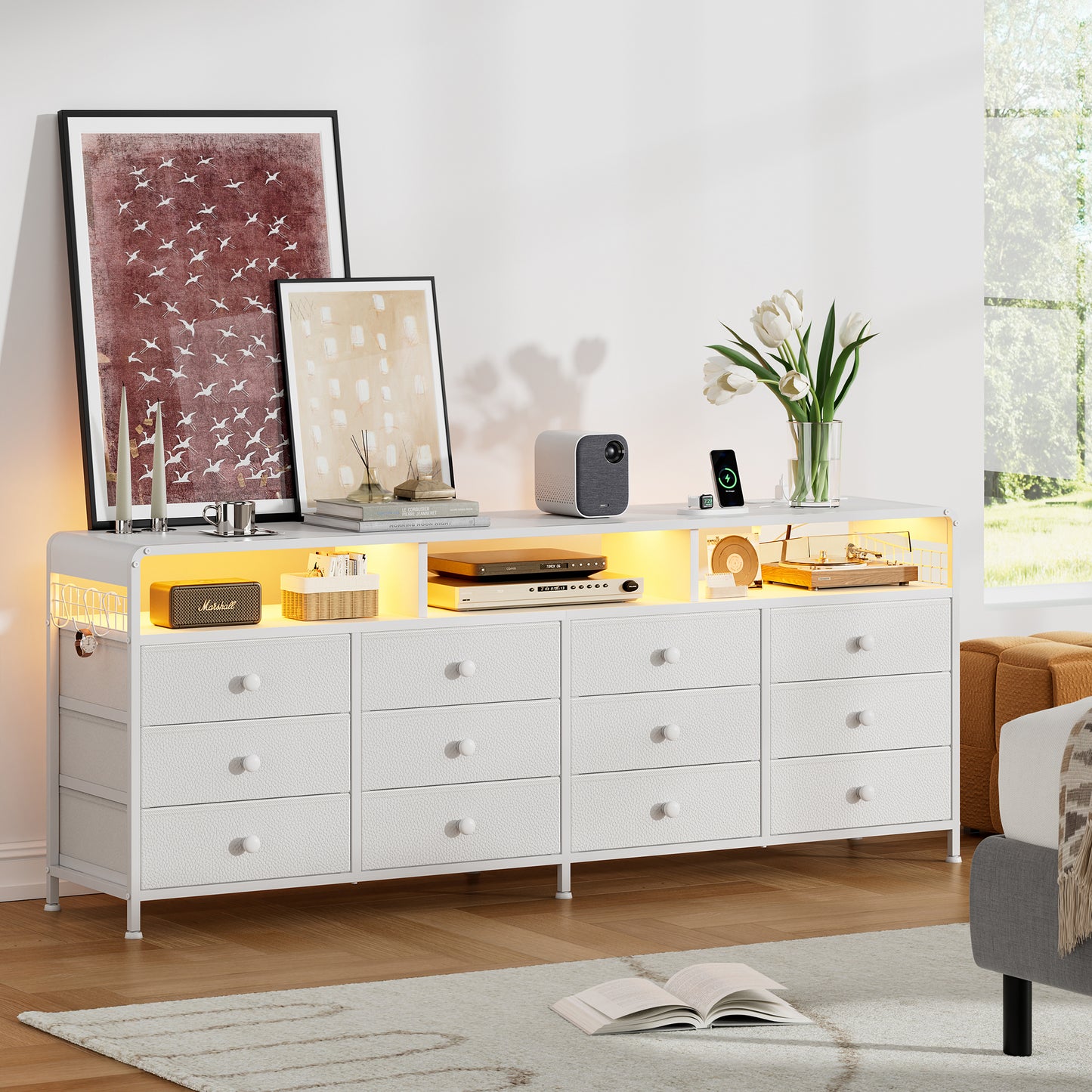 GUNAITO TV Stand for TVs up to 75", Big TV Stand with 12 Fabric Drawers and LED Lights, Entertainment Center with Storage and Shelves for Living Room, White