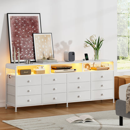 GUNAITO TV Stand for TVs up to 75", Big TV Stand with 12 Fabric Drawers and LED Lights, Entertainment Center with Storage and Shelves for Living Room, White