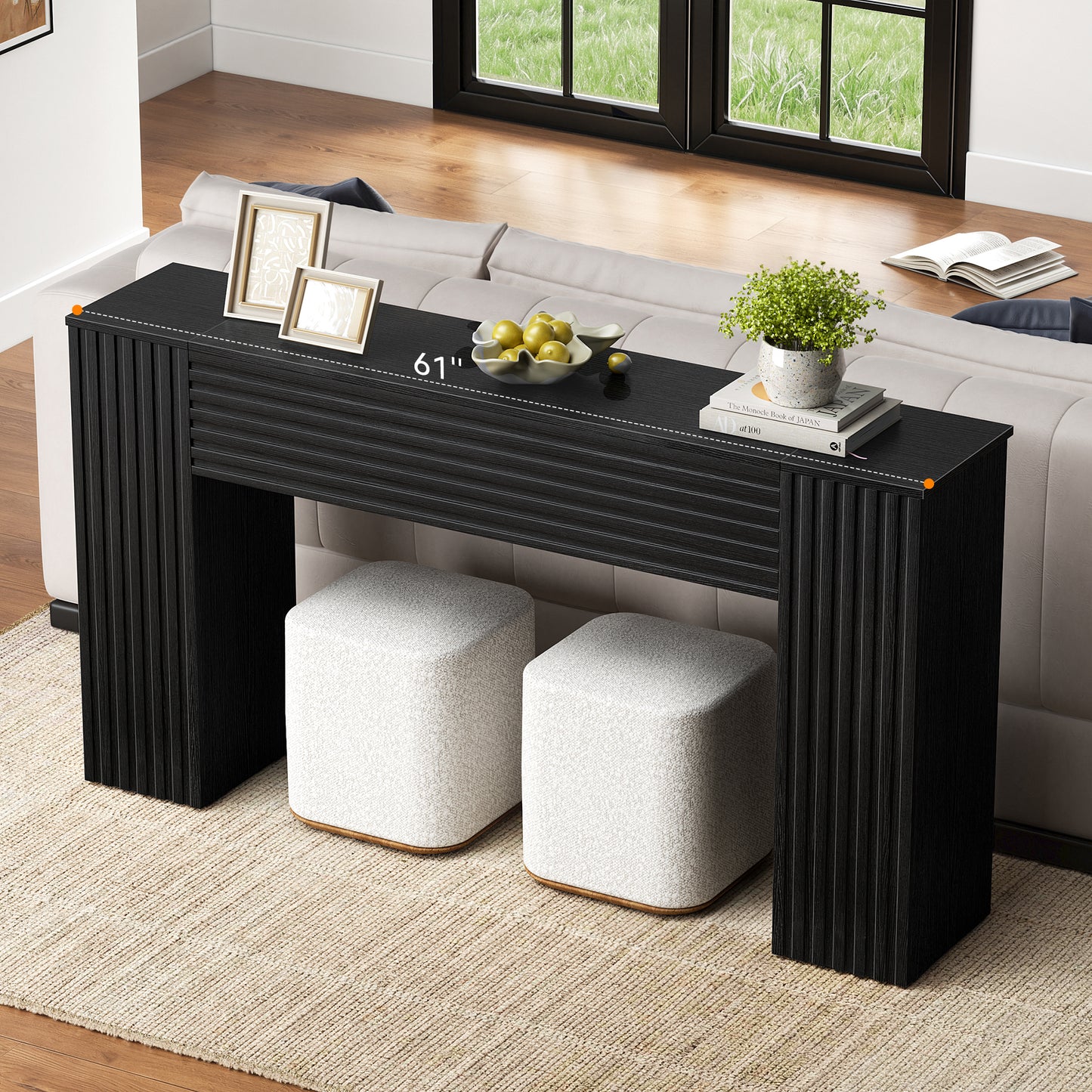 GUNAITO Farmhouse Console Table, 61" Fluted Long Sofa Table Behind Couch with Storage for Entryway, Black
