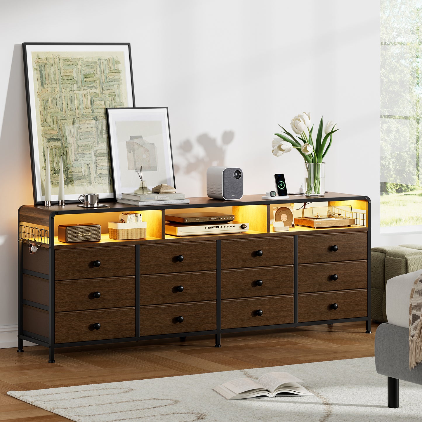 GUNAITO TV Stand for TVs up to 75", Big TV Stand with 12 Fabric Drawers and LED Lights, Entertainment Center with Storage and Shelves for Living Room, Dark Brown