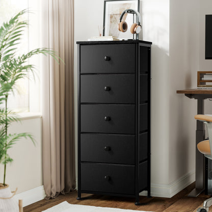 GUNAITO 5 Drawer Dresser for Bedroom Vertical Chest Sturdy Steel Frame Tall Dresser Wooden Top Fabric Bins Black