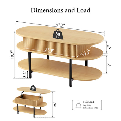 GUNAITO Lift Top Coffee Table with Storage, Modern Farmhouse Center Table with Shelf 2 Tier for Living Room, Natural