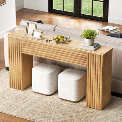 GUNAITO Farmhouse Console Table, 61" Fluted Long Sofa Table Behind Couch with Storage for Entryway, Natural