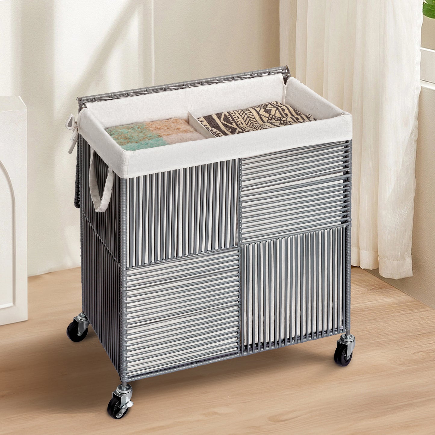 GUNAITO 115L Laundry Hamper with Lid and Wheels Handwoven Rattan Laundry Basket Rolling Clothes Hamper with Divided Liner Bag (Storm Gray)