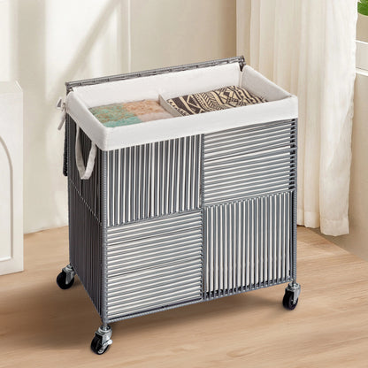 GUNAITO 115L Laundry Hamper with Lid and Wheels Handwoven Rattan Laundry Basket Rolling Clothes Hamper with Divided Liner Bag (Storm Gray)