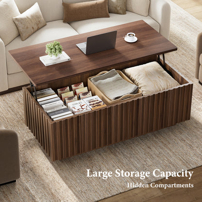 GUNAITO Lift Top Coffee Table with Big Storage, Fluted Rectangle Centre Table for Living Room, Wooden Coffee Table and modern Farmhouse, Walnut