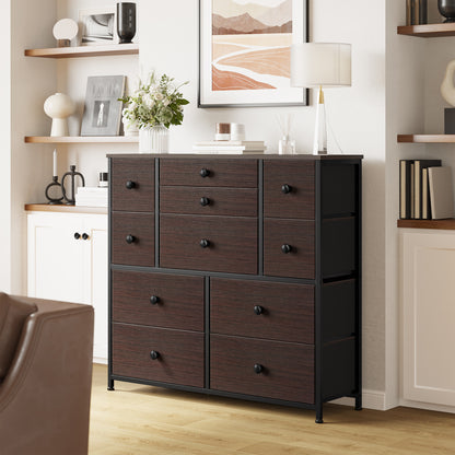 GUNAITO 11 Fabric Drawers Dresser Chest of Drawers for Bedroom Faux Leather Rustic Brown Finish with Wood Top Sturdy Steel Frame