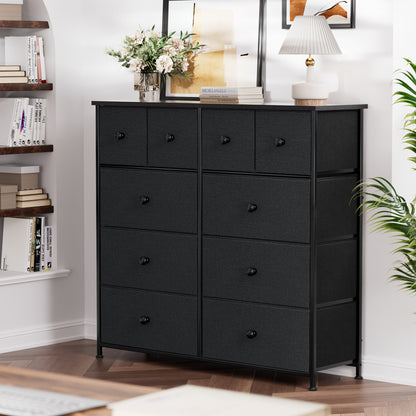 GUNAITO 10 Drawer Dresser for Bedroom Fabric Storage Tower Black Dresser with Wood Top Sturdy Steel Frame Storage Organizer Unit