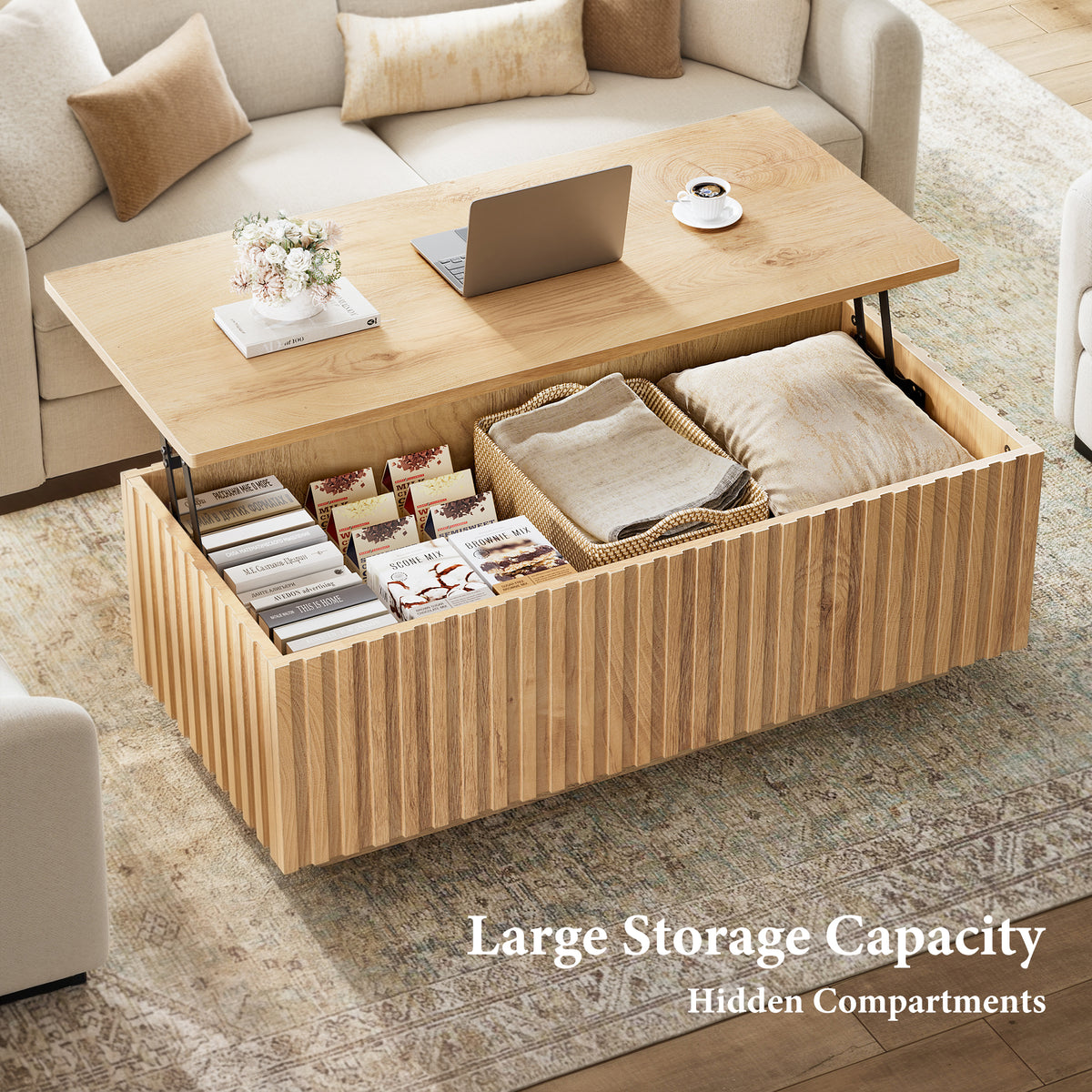 GUNAITO Lift Top Coffee Table with Big Storage, Fluted Rectangle Centre Table for Living Room, Wooden Coffee Table and modern Farmhouse, Natural wood