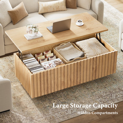 GUNAITO Lift Top Coffee Table with Big Storage, Fluted Rectangle Centre Table for Living Room, Wooden Coffee Table and modern Farmhouse, Natural wood