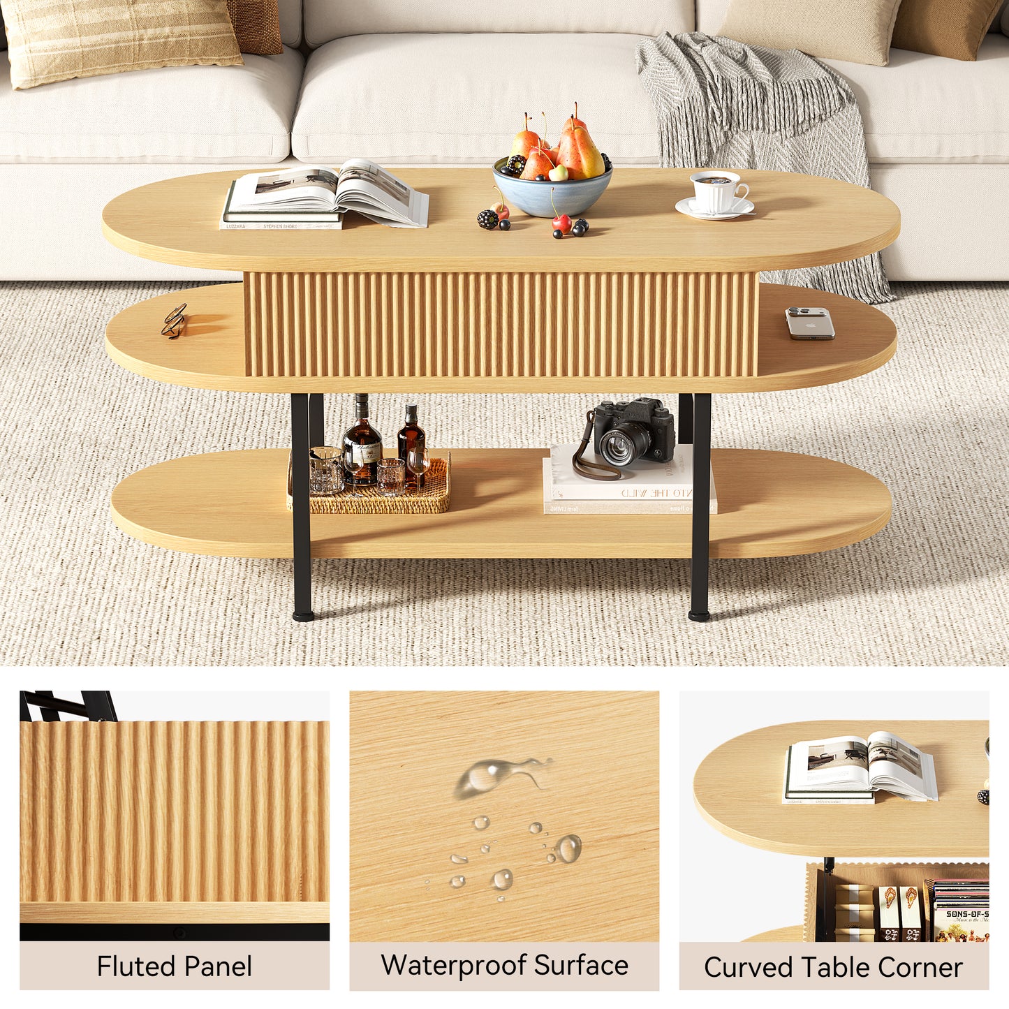GUNAITO Lift Top Coffee Table with Storage, Modern Farmhouse Center Table with Shelf 2 Tier for Living Room, Natural