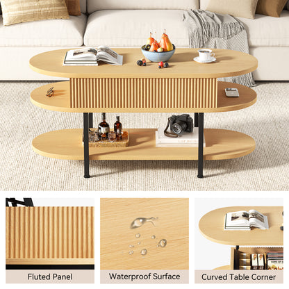 GUNAITO Lift Top Coffee Table with Storage, Modern Farmhouse Center Table with Shelf 2 Tier for Living Room, Natural