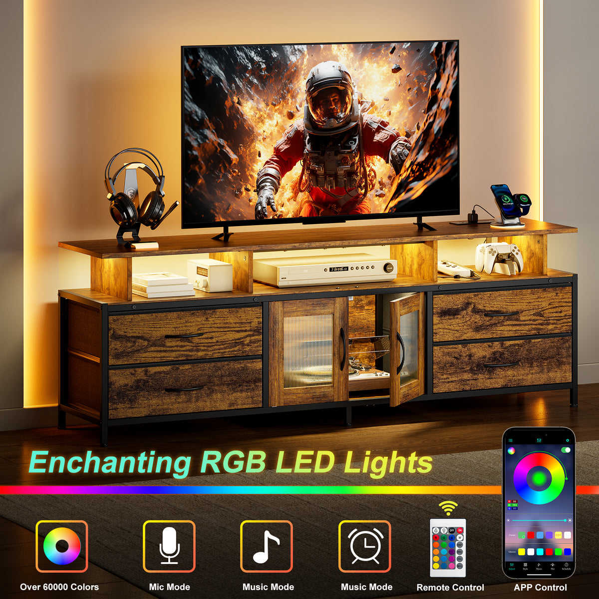GUNAITO TV Stand for TV up to 75", Big TV Stand for Living Room Entertainment Center with LED Lights and Storage , Brown
