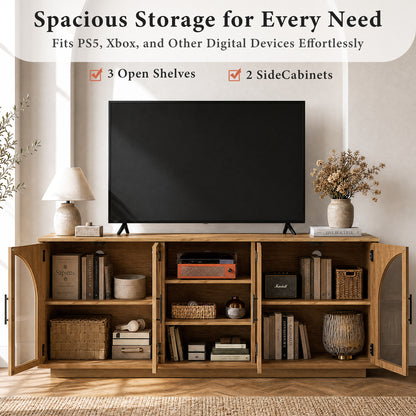 GUNAITO TV Stand for TVs up to 70", Modern entertainment center with storage functionality, Glass Door TV Stand for living room, Oak
