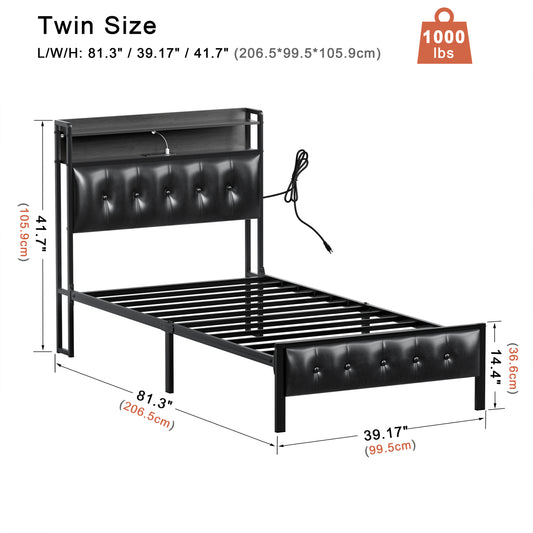 GUNAITO Twin Size Bed Frame with PU Leather Storage Headboard & Footboard Upholstered Platform Bed with LED Lights USB Ports & Outlets Black