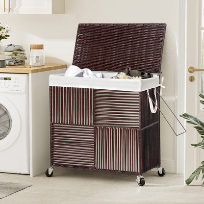 GUNAITO 115L Laundry Hamper with Lid and Wheels Handwoven Rattan Laundry Basket Rolling Clothes Hamper with Divided Liner Bag (Mocha Brown)