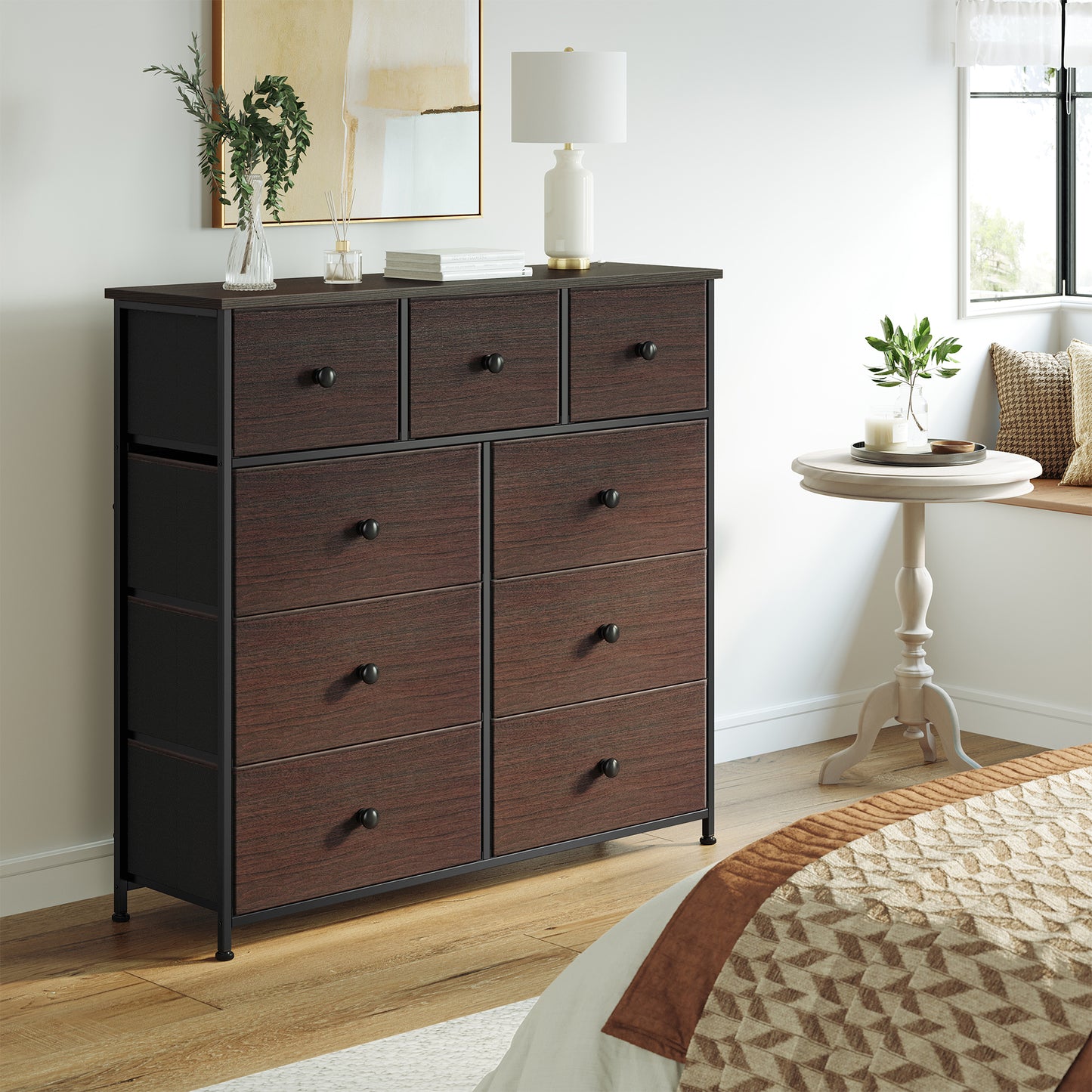 GUNAITO 9 Drawers Dresser, Chest of Drawers Fabric Dressers with Leather Finish for Adult Dressers for Bedroom Brown