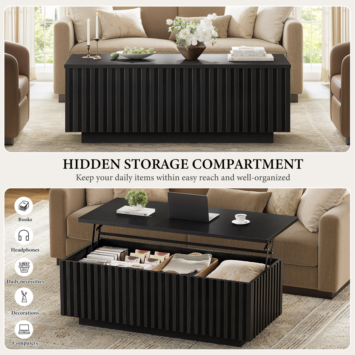 GUNAITO Lift Top Coffee Table with Big Storage, Fluted Rectangle Centre Table for Living Room, Wooden Coffee Table and modern Farmhouse, Black