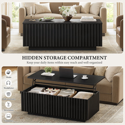GUNAITO Lift Top Coffee Table with Big Storage, Fluted Rectangle Centre Table for Living Room, Wooden Coffee Table and modern Farmhouse, Black