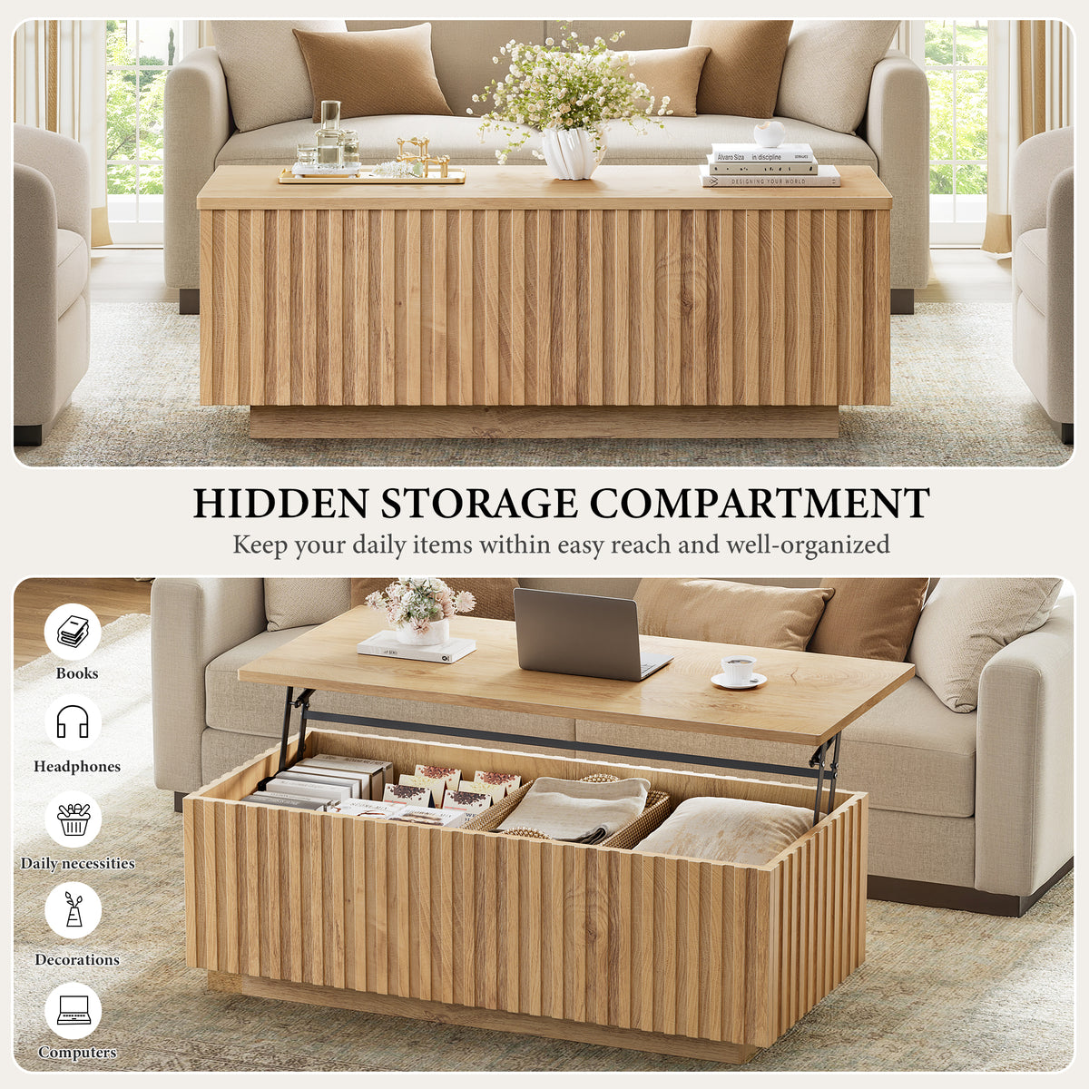 GUNAITO Lift Top Coffee Table with Big Storage, Fluted Rectangle Centre Table for Living Room, Wooden Coffee Table and modern Farmhouse, Natural wood
