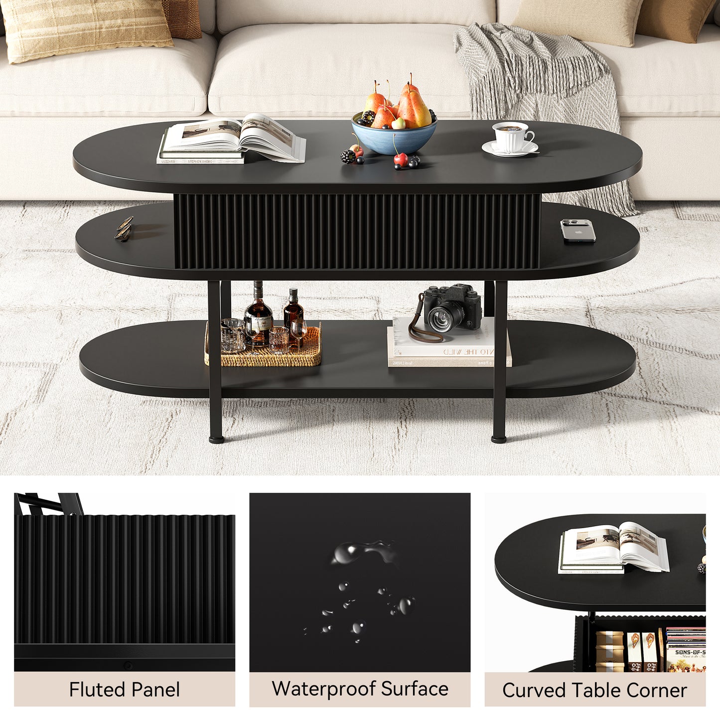GUNAITO Lift Top Coffee Table with Storage, Modern Farmhouse Center Table with Shelf 2 Tier for Living Room, Black