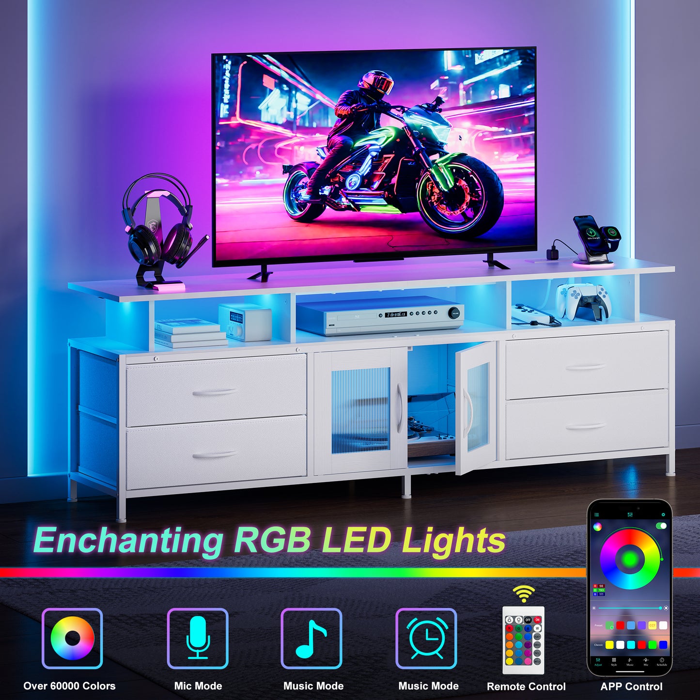 GUNAITO TV Stand for TV up to 75", Big TV Stand for Living Room Entertainment Center with LED Lights and Storage , White