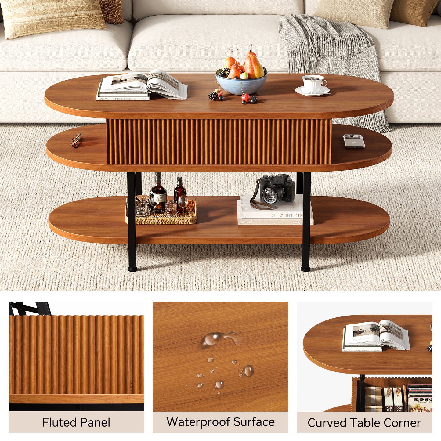 GUNAITO Lift Top Coffee Table with Storage, Modern Farmhouse Center Table with Shelf 2 Tier for Living Room, Walnut