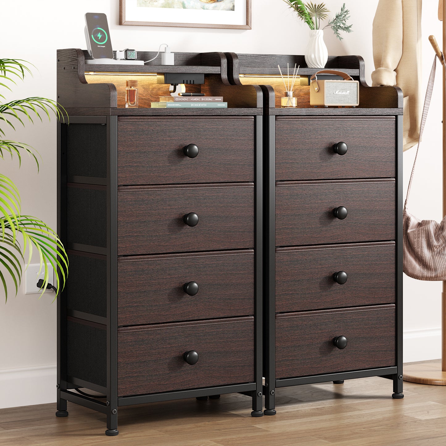 GUNAITO 4 Drawer Dresser for Bedroom with Charging Station and LED Lights, Brown Chest of Drawers with Shelves, Tall Night Stand with Sturdy Steel Frame & Wood Top for Bedroom - Dark Brown