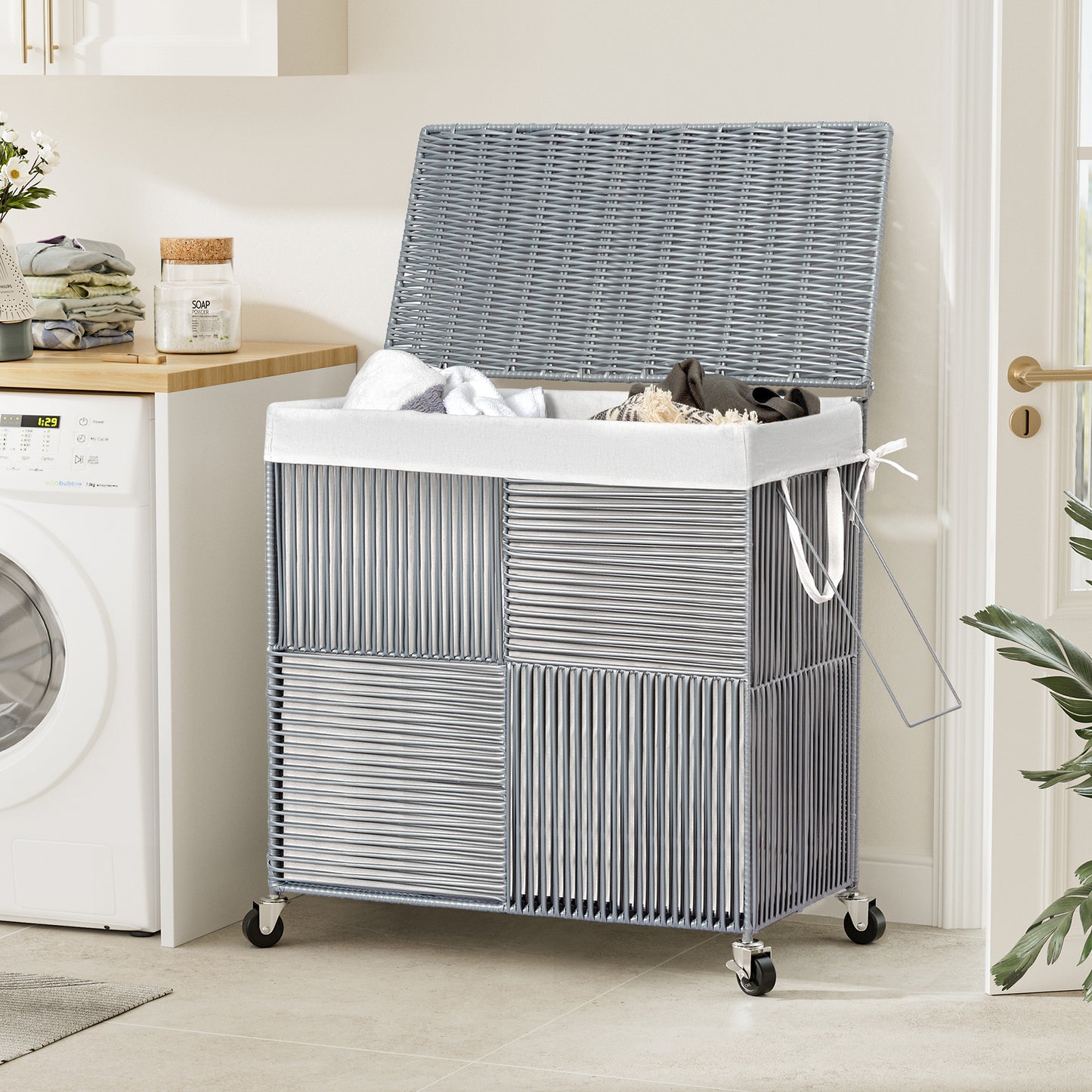 GUNAITO 115L Laundry Hamper with Lid and Wheels Handwoven Rattan Laundry Basket Rolling Clothes Hamper with Divided Liner Bag (Storm Gray)