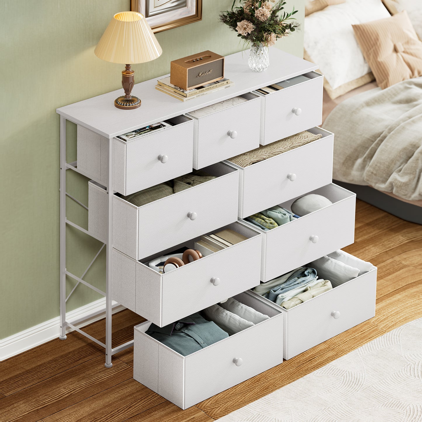 GUNAITO 9 Drawers Dresser, Chest of Drawers Fabric Dressers with Leather Finish for Adult Dressers for Bedroom White