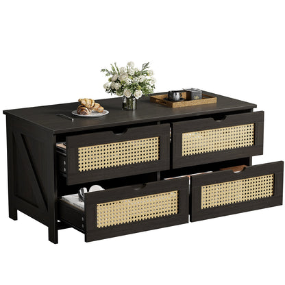 GUNAITO Wooden Coffee Table with 4 Drawers, Weave Rattan Table for Living Room, 42''H in, Dark gray, Rectangle