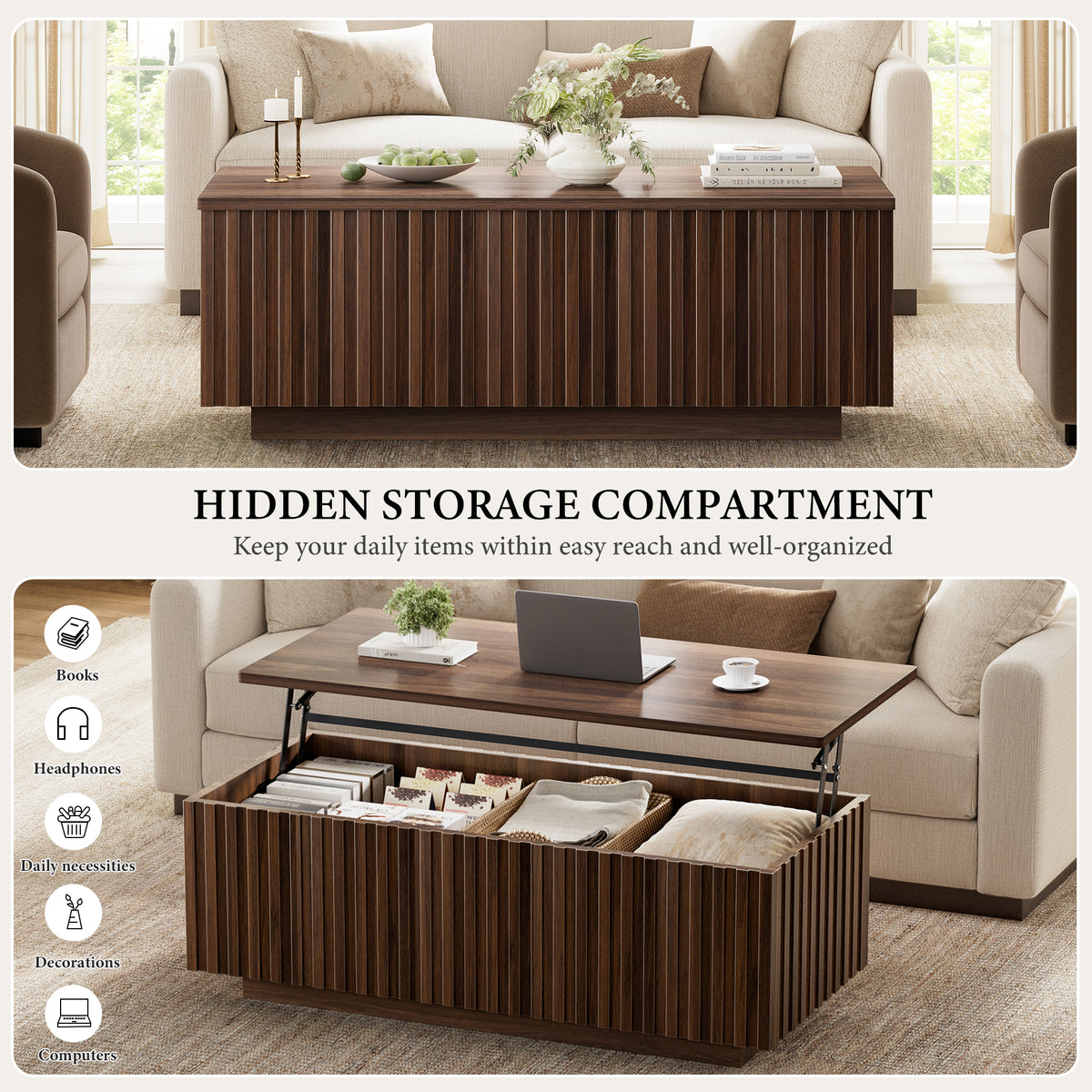 GUNAITO Lift Top Coffee Table with Big Storage, Fluted Rectangle Centre Table for Living Room, Wooden Coffee Table and modern Farmhouse, Walnut