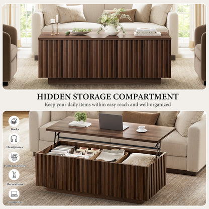 GUNAITO Lift Top Coffee Table with Big Storage, Fluted Rectangle Centre Table for Living Room, Wooden Coffee Table and modern Farmhouse, Walnut