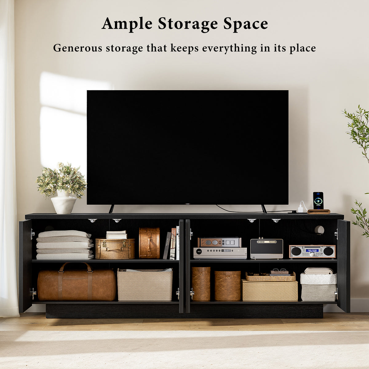 GUNAITO Fluted TV Stand for TVs up to 70", Home Entertainment Center with Storage for Living Room, Black