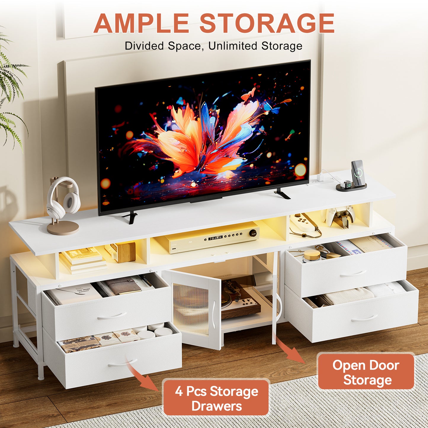 GUNAITO TV Stand for TV up to 75", Big TV Stand for Living Room Entertainment Center with LED Lights and Storage , White