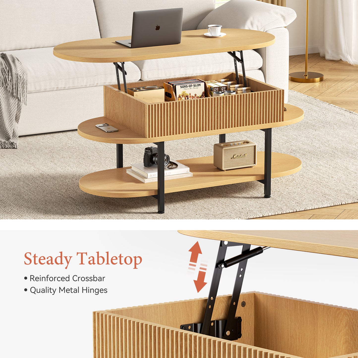 GUNAITO Lift Top Coffee Table with Storage, Modern Farmhouse Center Table with Shelf 2 Tier for Living Room, Natural