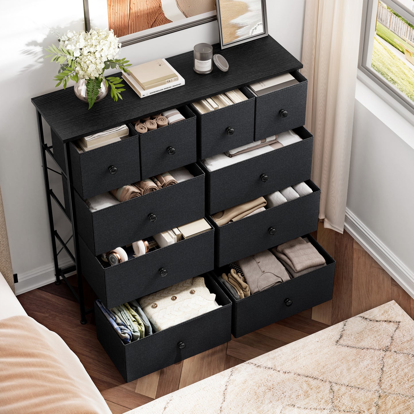 GUNAITO 10 Drawer Dresser for Bedroom Fabric Storage Tower Black Dresser with Wood Top Sturdy Steel Frame Storage Organizer Unit