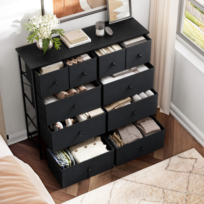 GUNAITO 10 Drawer Dresser for Bedroom Fabric Storage Tower Black Dresser with Wood Top Sturdy Steel Frame Storage Organizer Unit