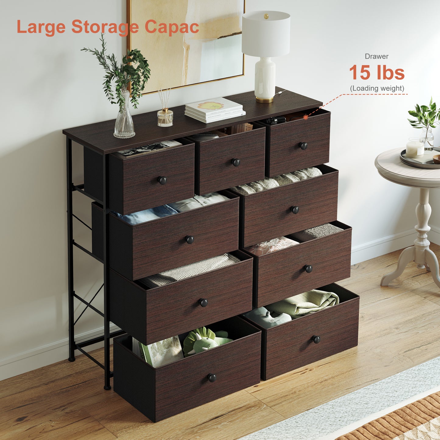 GUNAITO 9 Drawers Dresser, Chest of Drawers Fabric Dressers with Leather Finish for Adult Dressers for Bedroom Brown