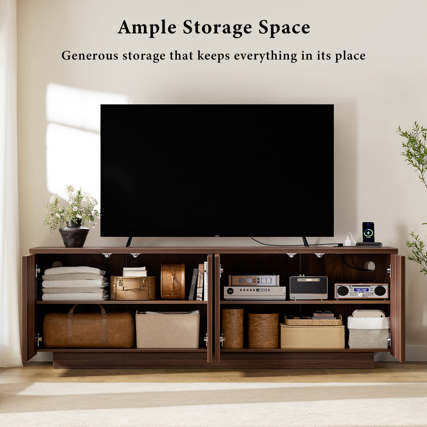 GUNAITO Fluted TV Stand for TVs up to 70", Home Entertainment Center with Storage for Living Room, Walnut