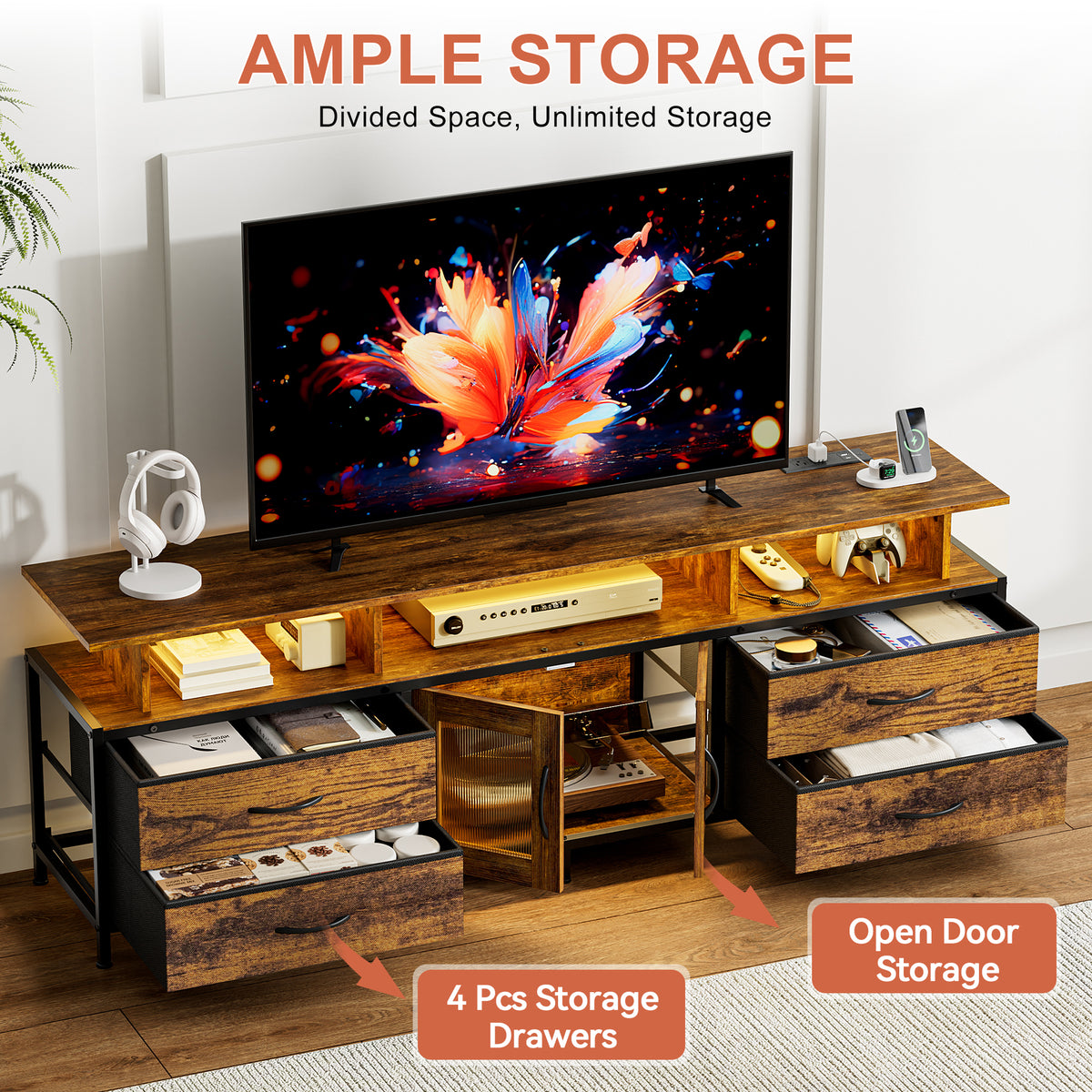 GUNAITO TV Stand for TV up to 75", Big TV Stand for Living Room Entertainment Center with LED Lights and Storage , Brown