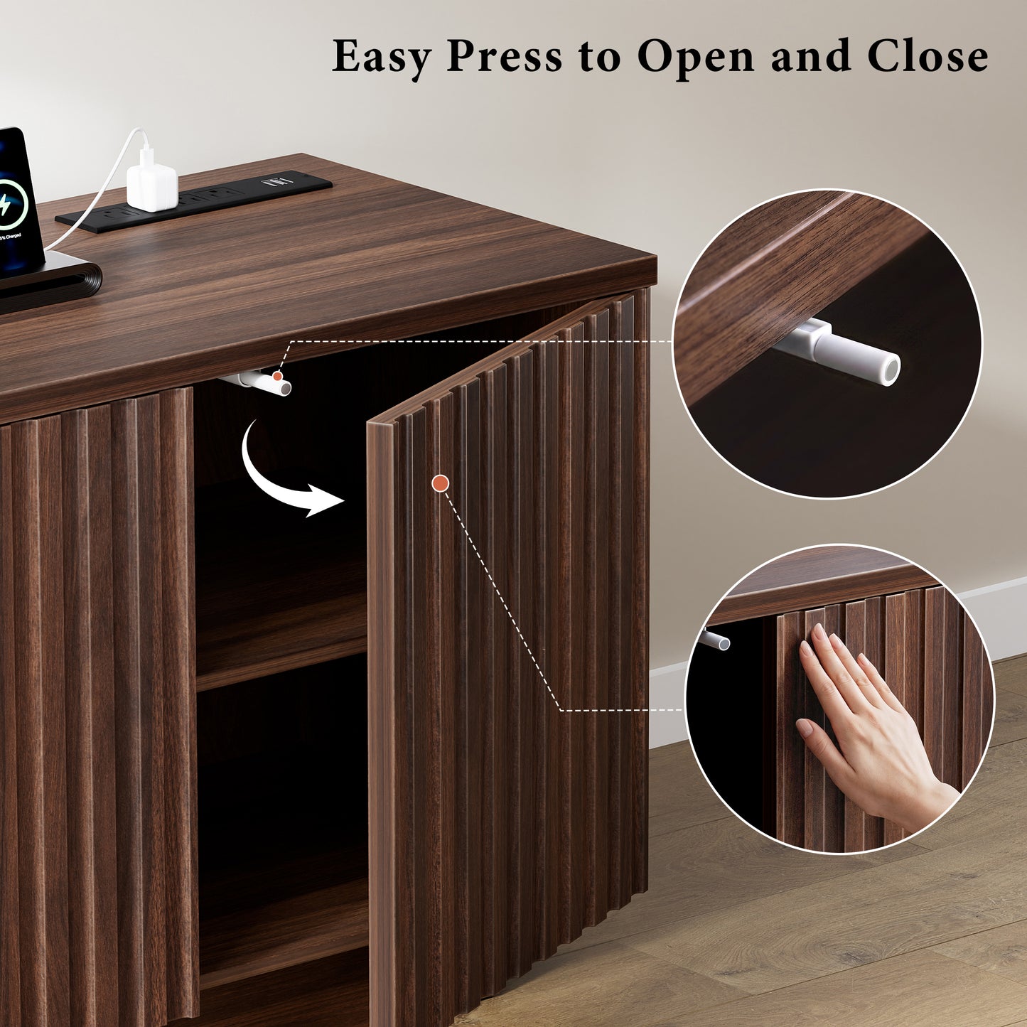 GUNAITO Fluted TV Stand for TVs up to 70", Home Entertainment Center with Storage for Living Room, Walnut