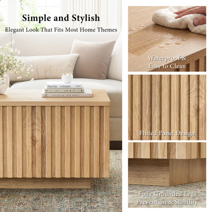 GUNAITO Lift Top Coffee Table with Big Storage, Fluted Rectangle Centre Table for Living Room, Wooden Coffee Table and modern Farmhouse, Natural wood