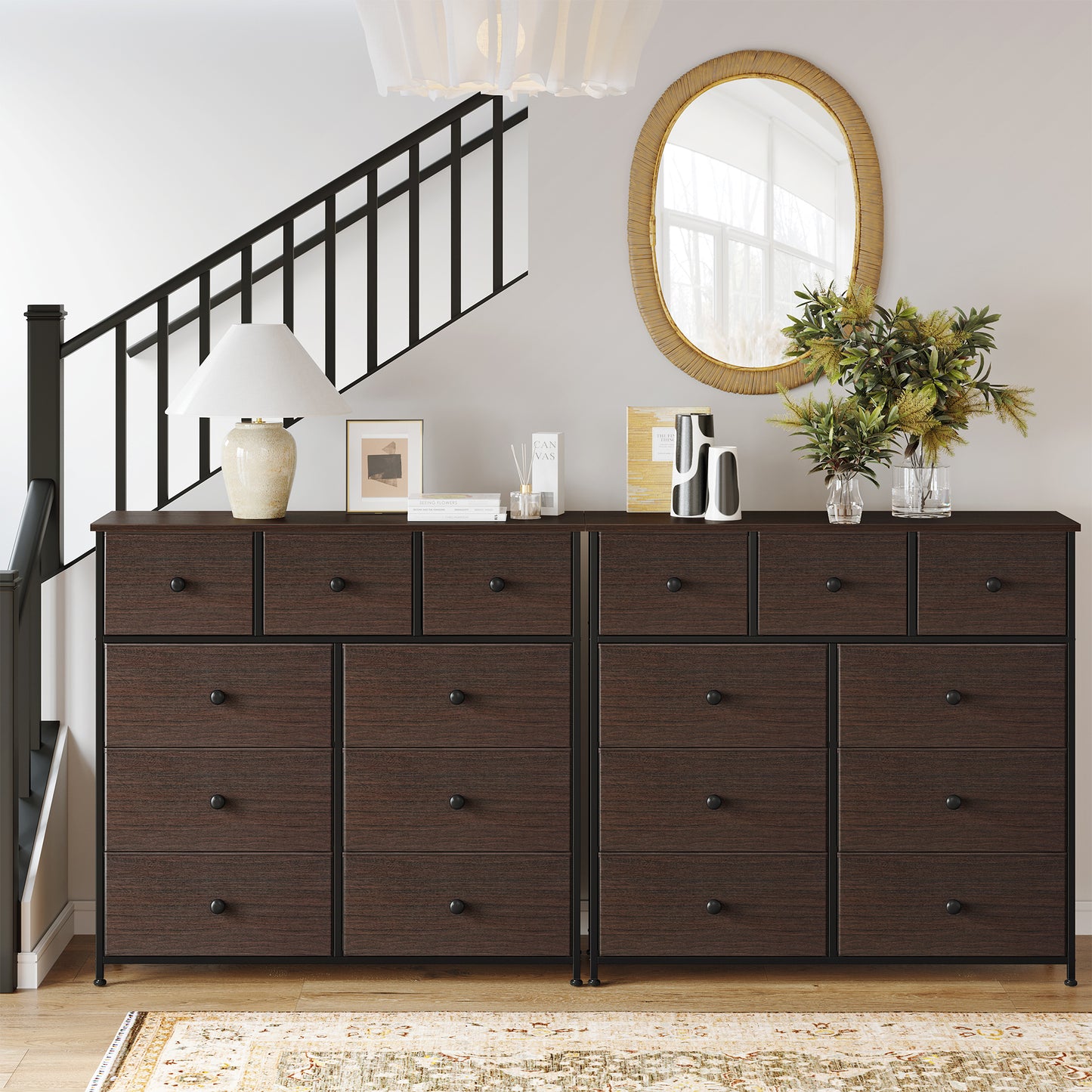 GUNAITO 9 Drawers Dresser, Chest of Drawers Fabric Dressers with Leather Finish for Adult Dressers for Bedroom Brown